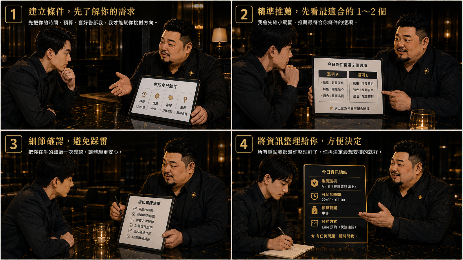 四格資訊圖:需求整理、條件推薦、資訊確認、安排與紀錄