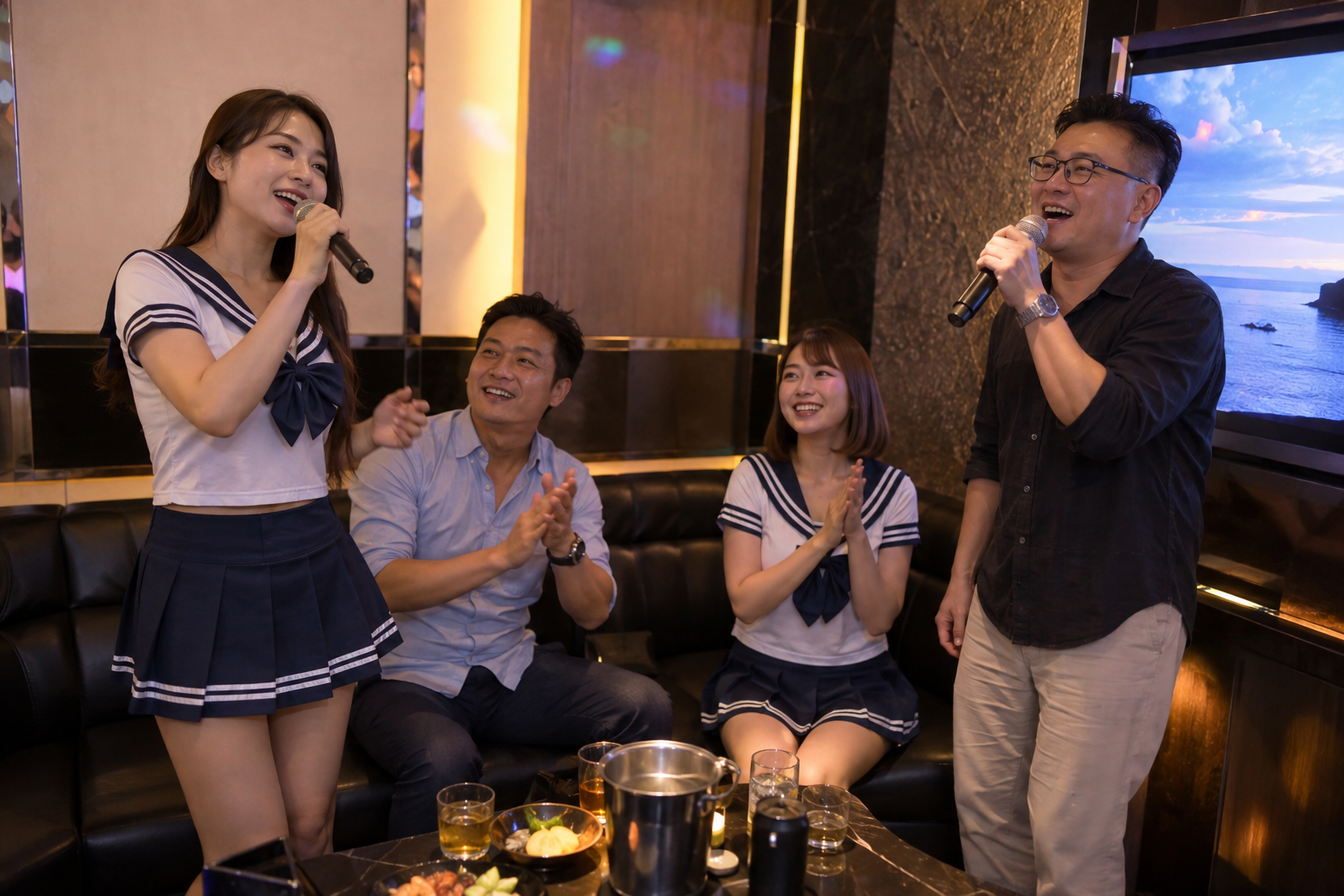 穿水手風短裙制服的成年女性與男性在KTV歡樂唱歌