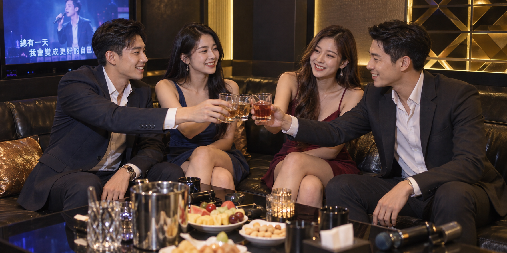 商務應酬：成年男女KTV聚會情境示意圖