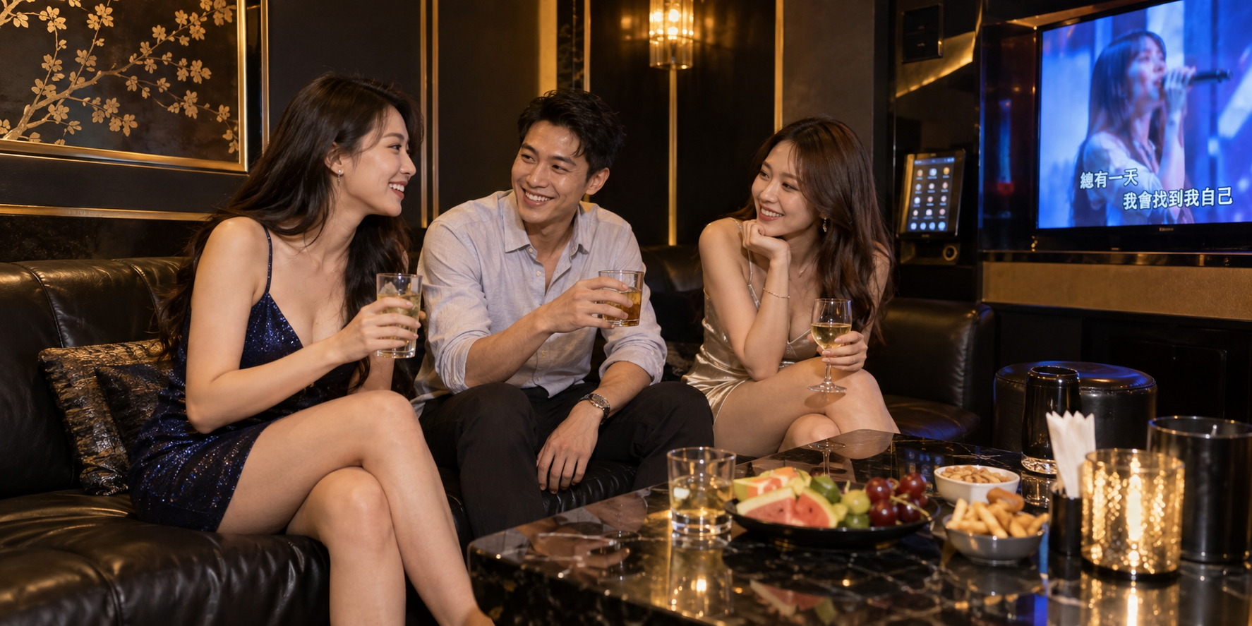 小酌交流：成年男女KTV聚會情境示意圖