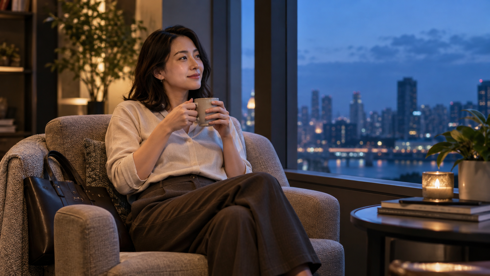 下班後在窗邊喝茶放鬆,AI 情境示意